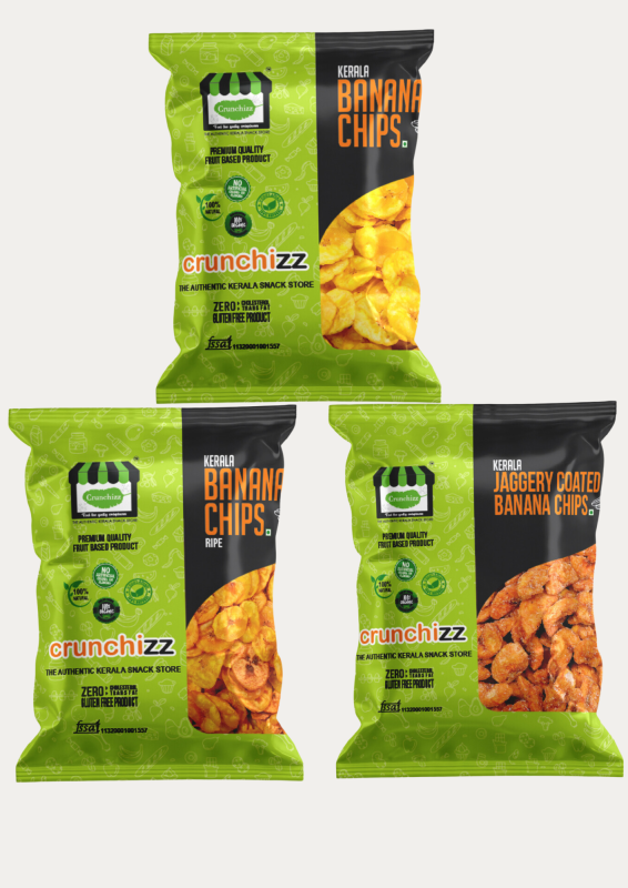 CRUNCHIZZ 3 IN 1 "BANANA CHIPS COMBO PACK" (Kerala Banana Chips, Ripe Banana Chips, Jaggery Coated Banana Chips - 200g Each)