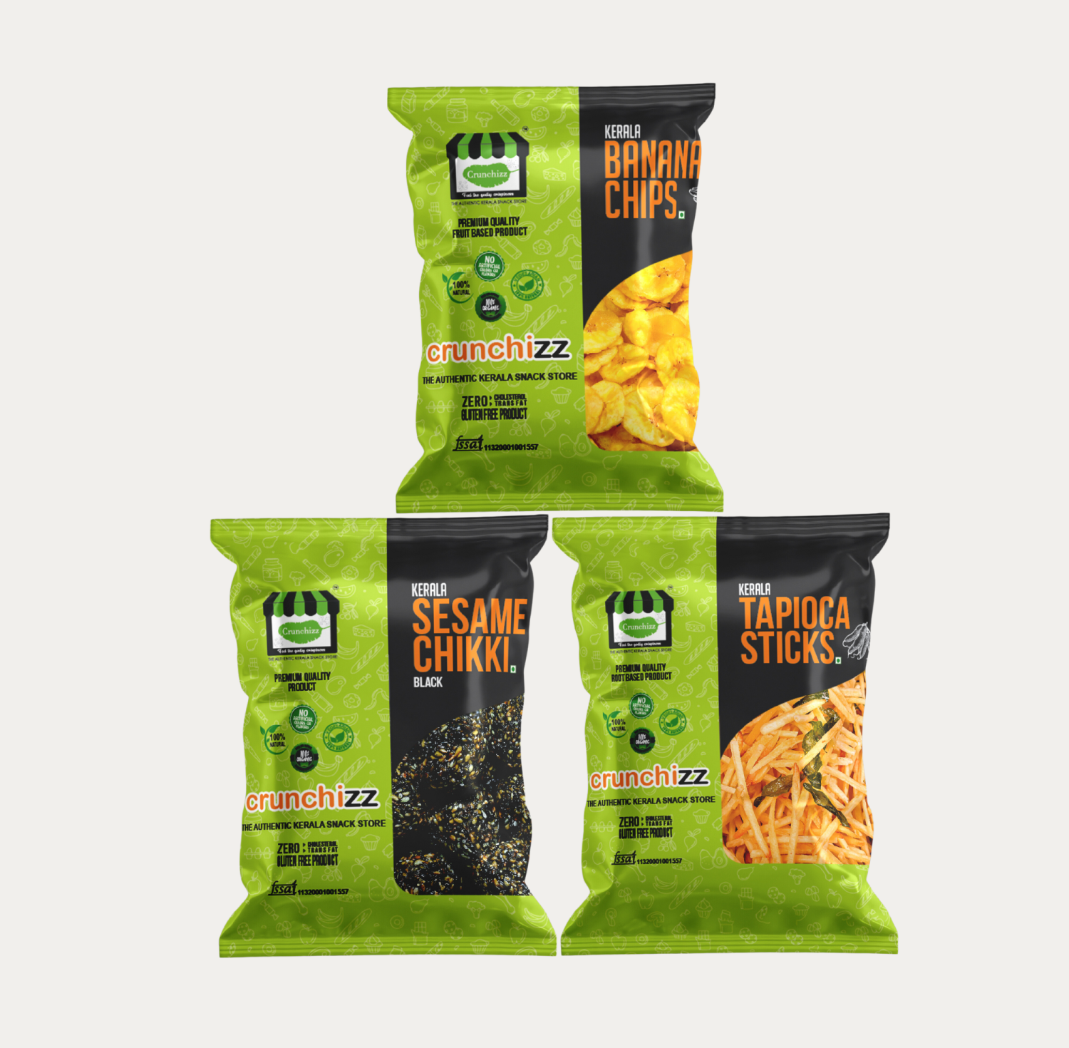 "CRUNCHIZZ" 3 in 1 COMBO PACK - KERALA BANANA CHIPS, SESAME CHIKKI BLACK, TAPIOCA STICKS - 200g Each