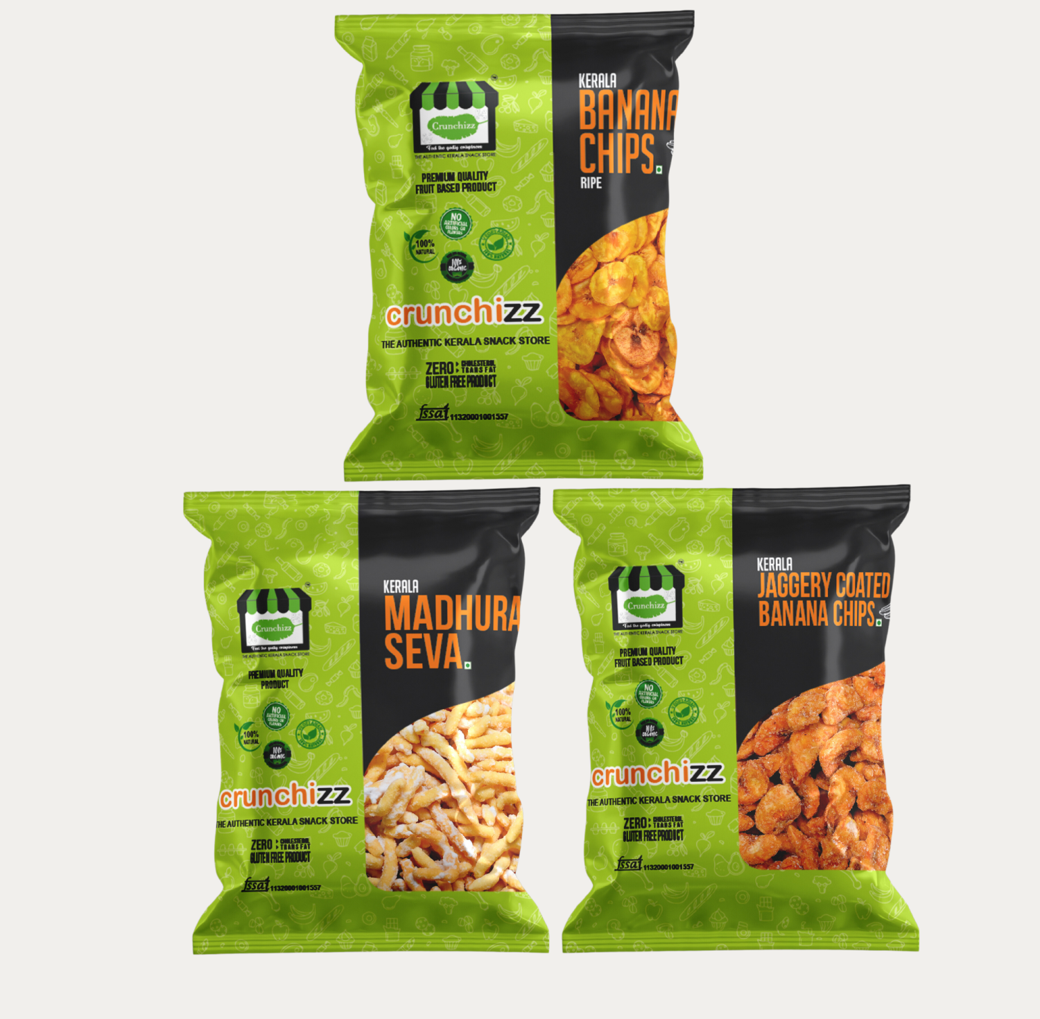 "CRUNCHIZZ 3 IN 1 SWEET COMBO PACK" KERALA RIPE BANANA CHIPS, JAGGERY COATED BANANA CHIPS, MADHURASEVA - 200g Each