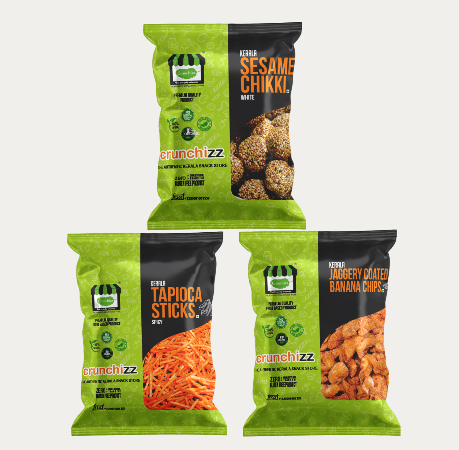 "CRUNCHIZZ" 3 in 1 COMBO PACK - KERALA SESAME CHIKKI WHITE, JAGGERY COATED BANANA CHIPS, SPICY TAPIOCA STICKS - 200g Each